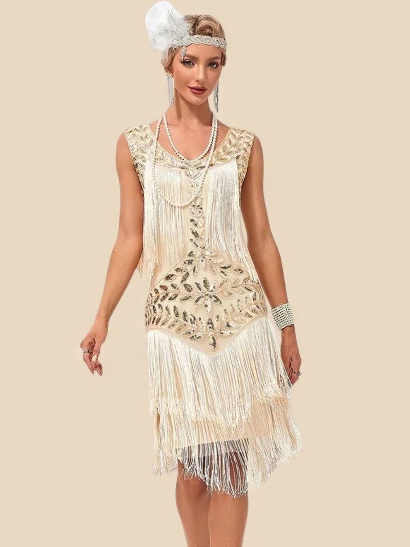 Robe Dorée Charleston Courte Franges Sequins Années 20 Soirée Déguisée