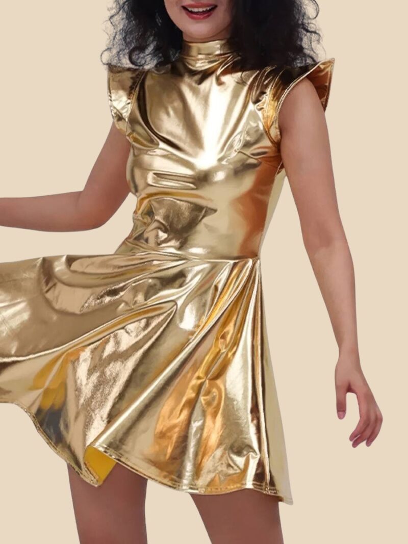 Robe Dorée Courte Métallisée Col Montant Manches Volantées Jupe Évasée Soirée Disco