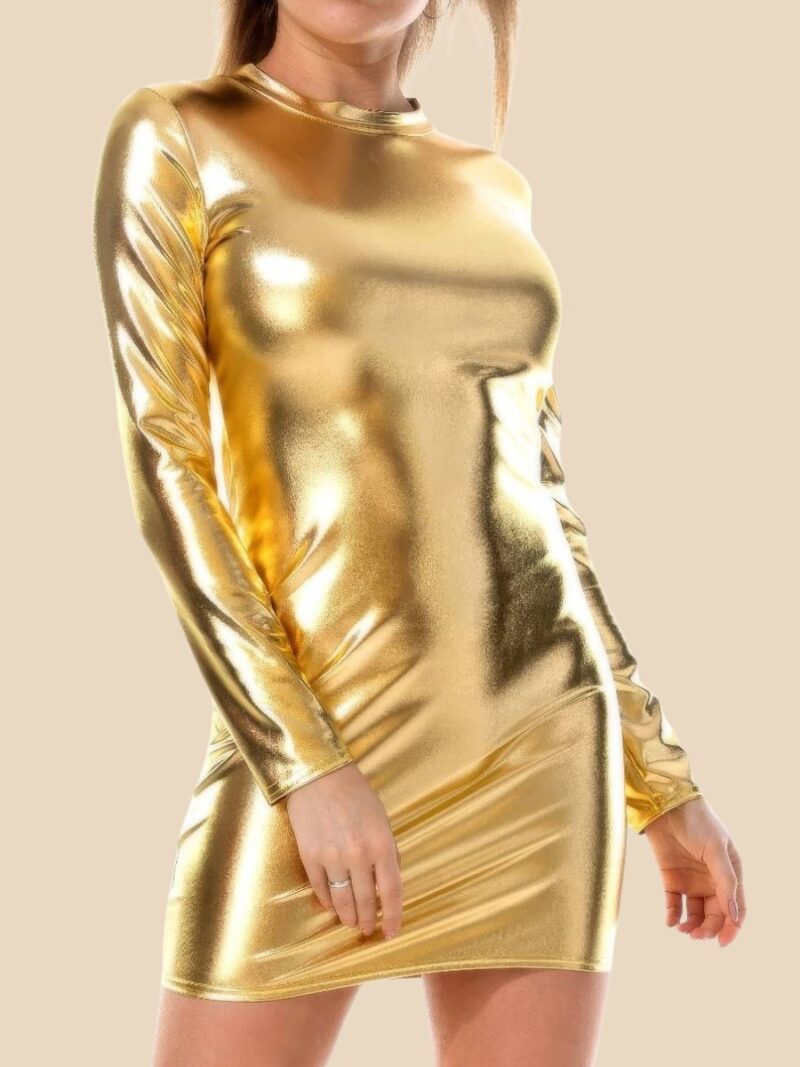 Robe Dorée Courte Métallisée Moulante Manches Longues Col Rond Soirée Disco