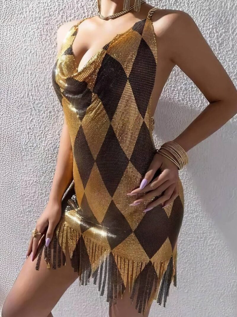 Robe Dorée Courte Noir Et Doré Losanges Métalliques Franges Dos Nu Chaînes Soirée