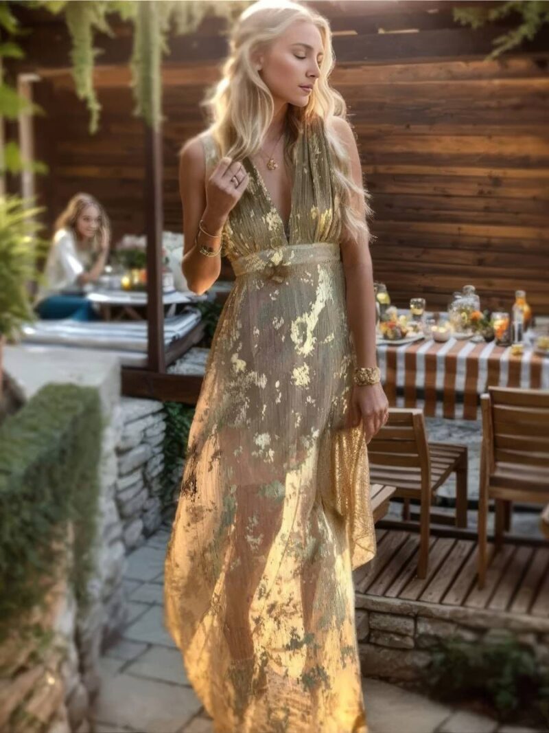 Robe Dorée Longue Bohème Tulle Transparent Effet Feuille Col V Bretelles Soirée Été