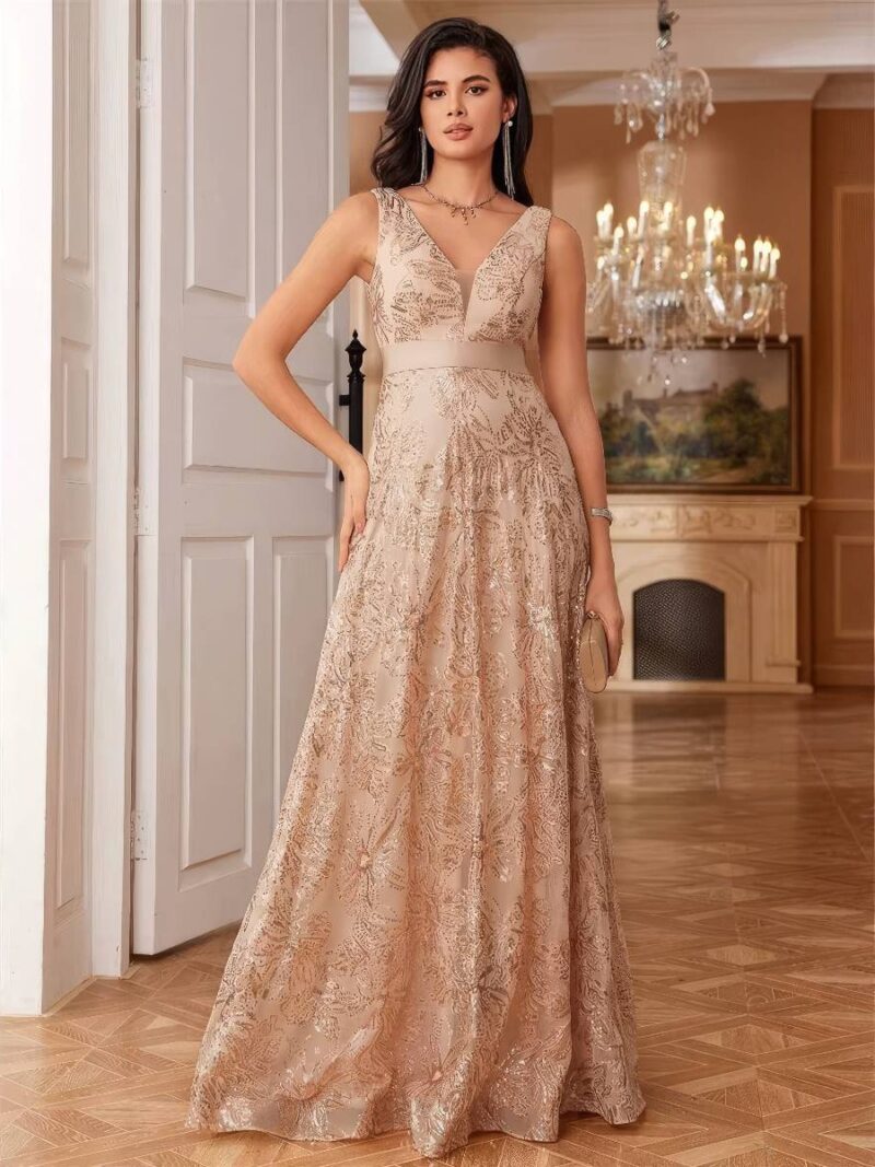Robe Dorée Longue Champagne Brodée Col V Taille Marquée Soirée & Mariage