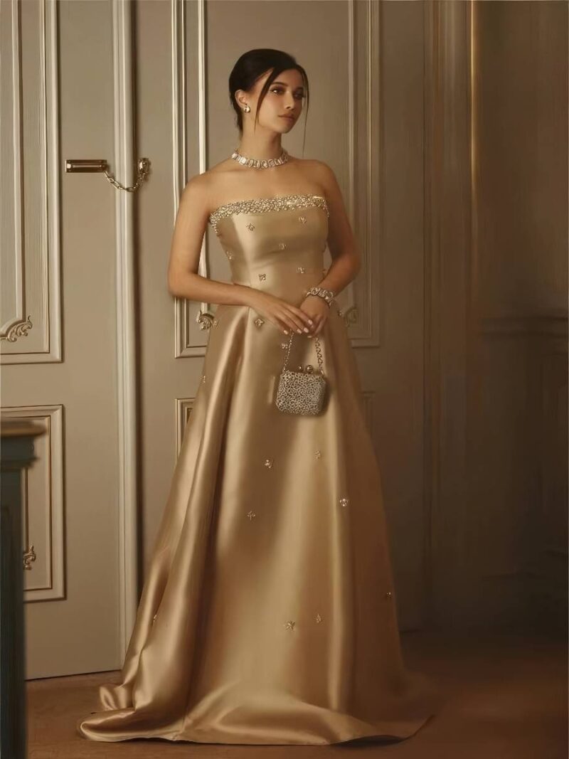 Robe Dorée Longue Florale Satin Bustier Perles Princesse Gala & Mariage