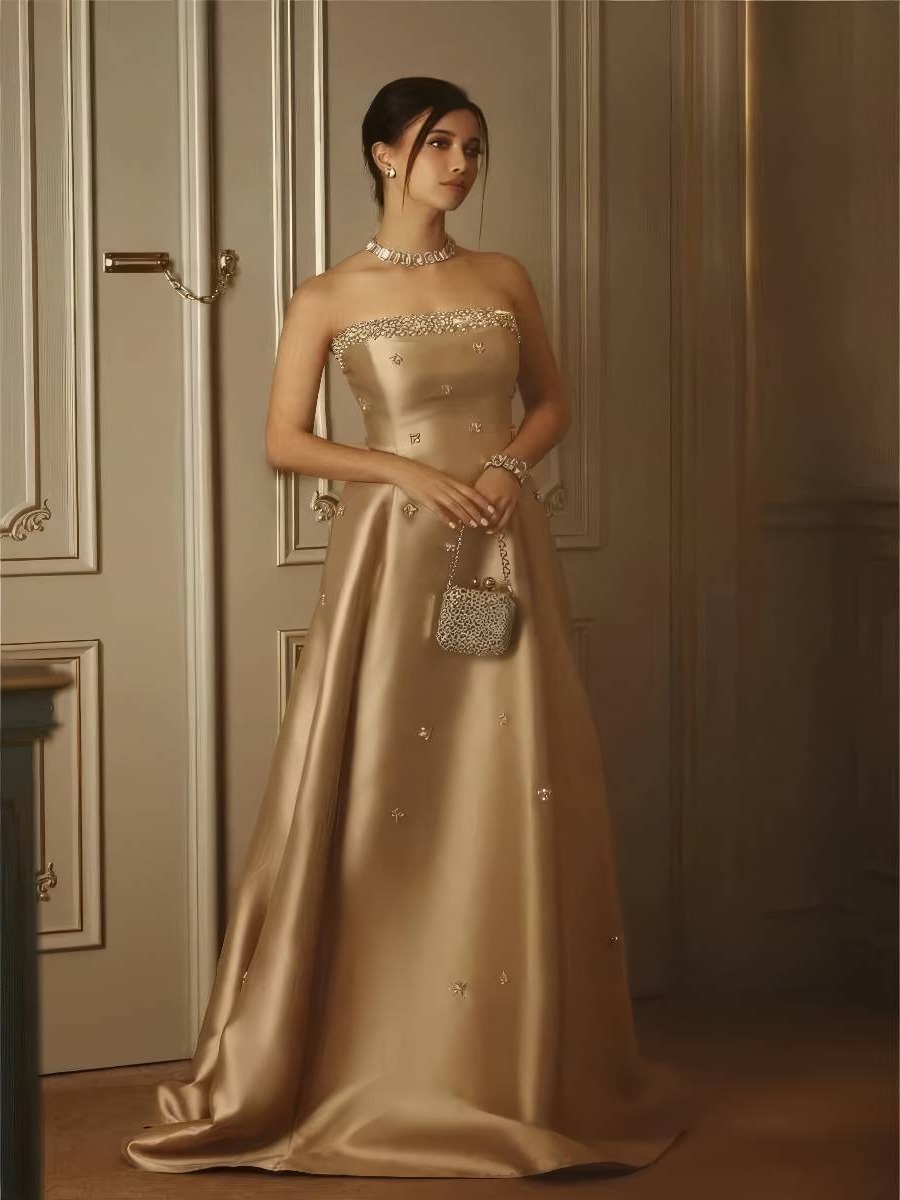 Robe Dorée Longue Florale Satin Bustier Perles Princesse Gala & Mariage