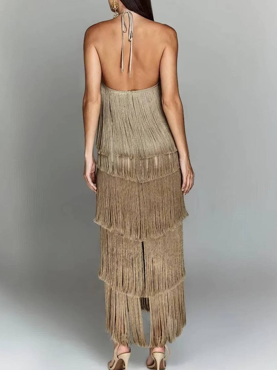 Robe soirée dorée à franges style rétro