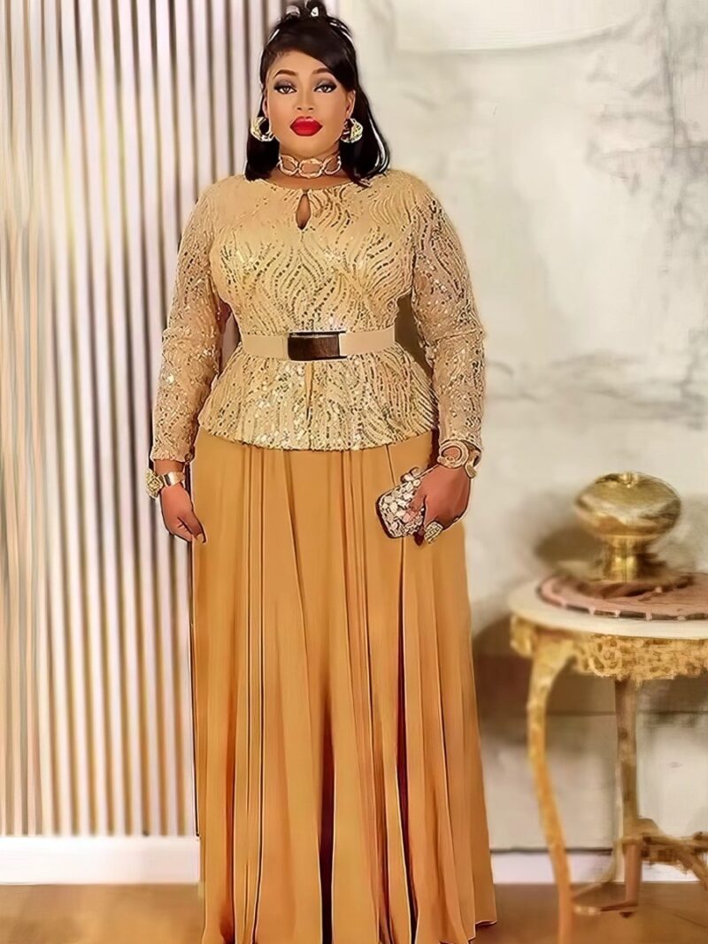 Robe Dorée Longue Grande Taille Haut Brodé Manches Longues Ceinture Peplum Cérémonie & Mariage
