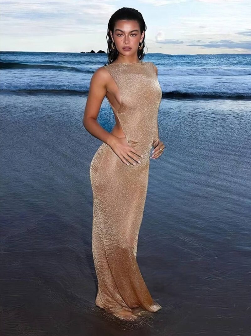 Robe Dorée Longue Métallisée Moulante Col Montant Dos Nu Fendue Plage & Soirée