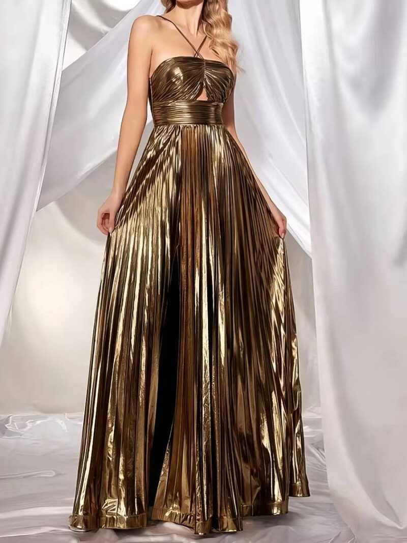 Robe Dorée Longue Métallisée Plissée Bretelles Croisées Découpe Bustier Soirée