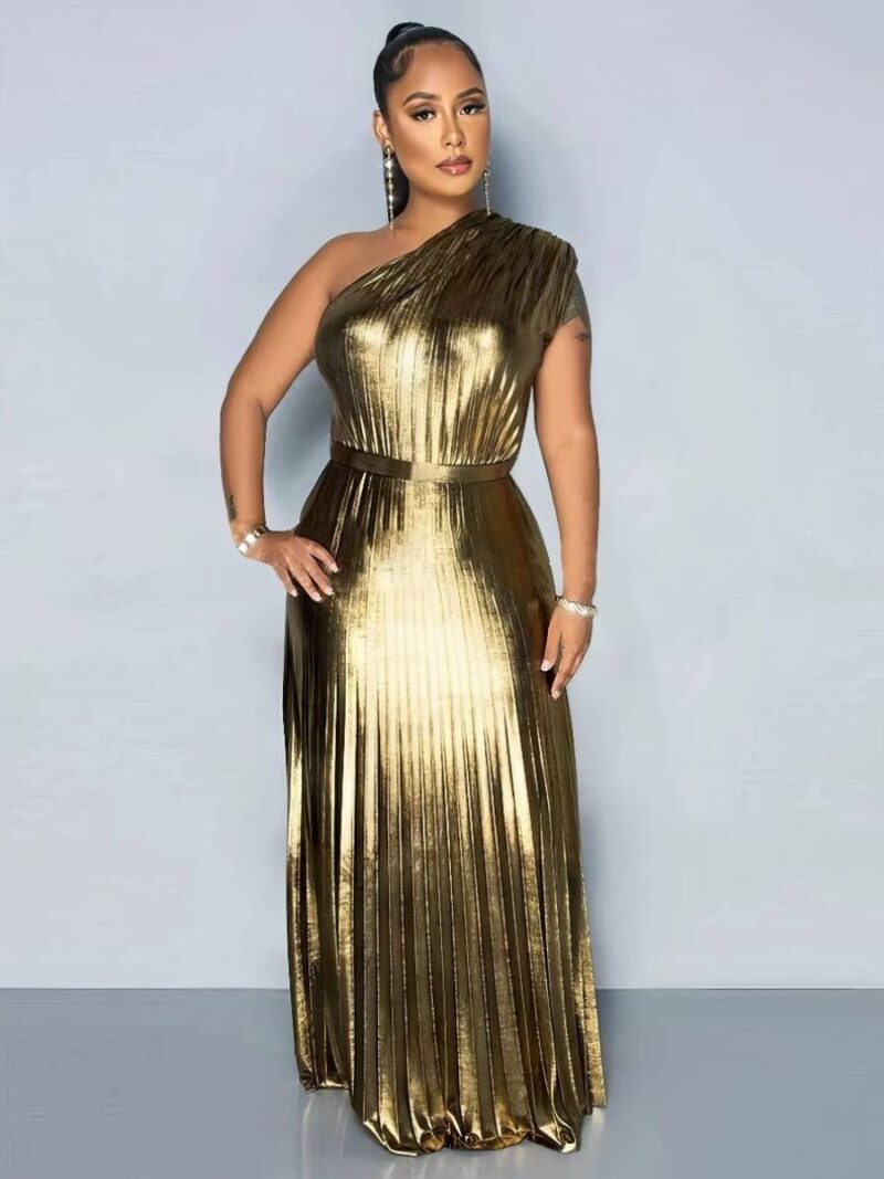Robe Dorée Longue Métallisée Une Épaule Plissée Taille Ceinturée Soirée & Gala