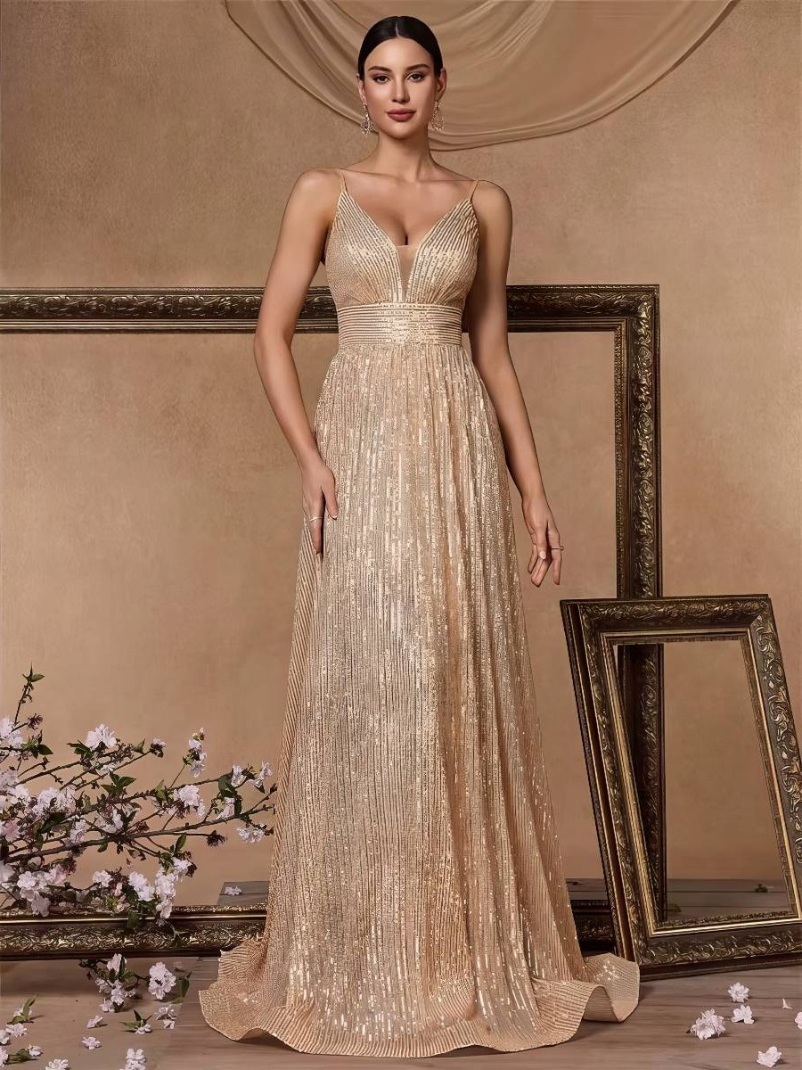 Robe mariage dorée scintillante col V