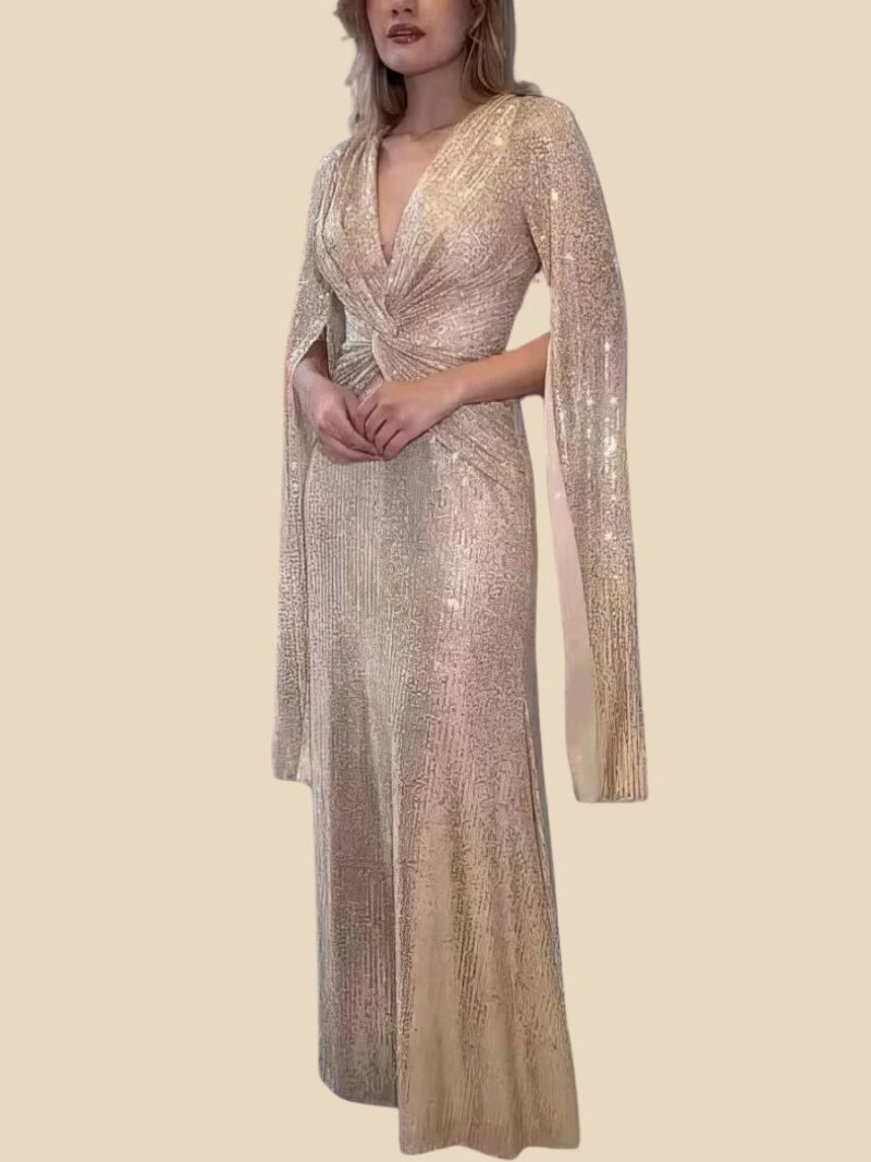 Robe Dorée Longue Pailletée Col V Drapé Manches Cape Soirée Gala