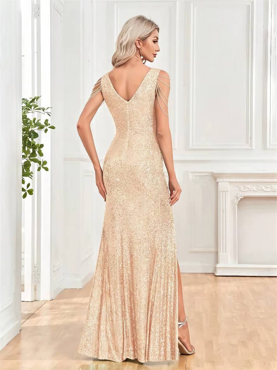 Robe dorée longue drapée pour gala