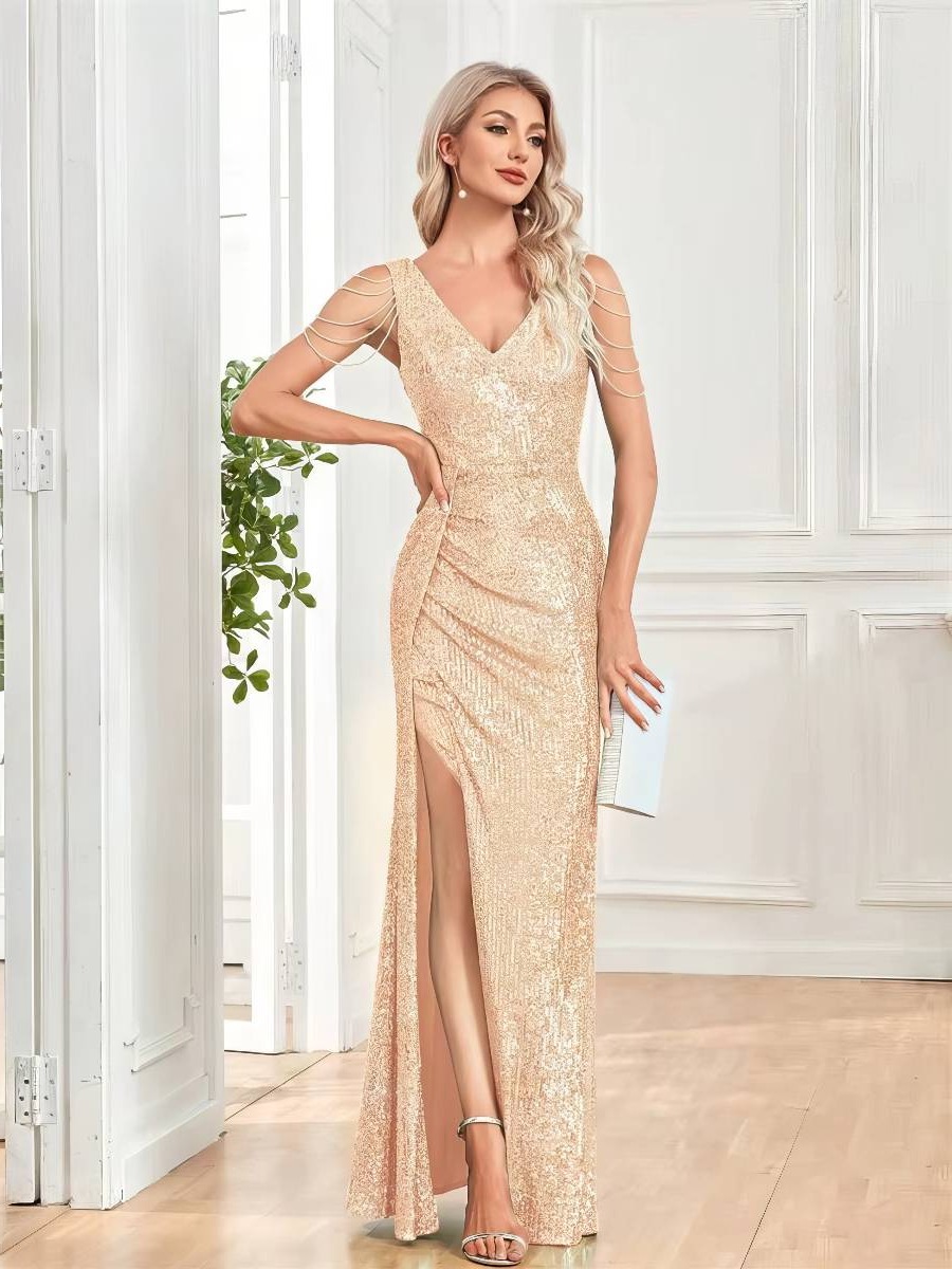 Robe soirée dorée col V élégante