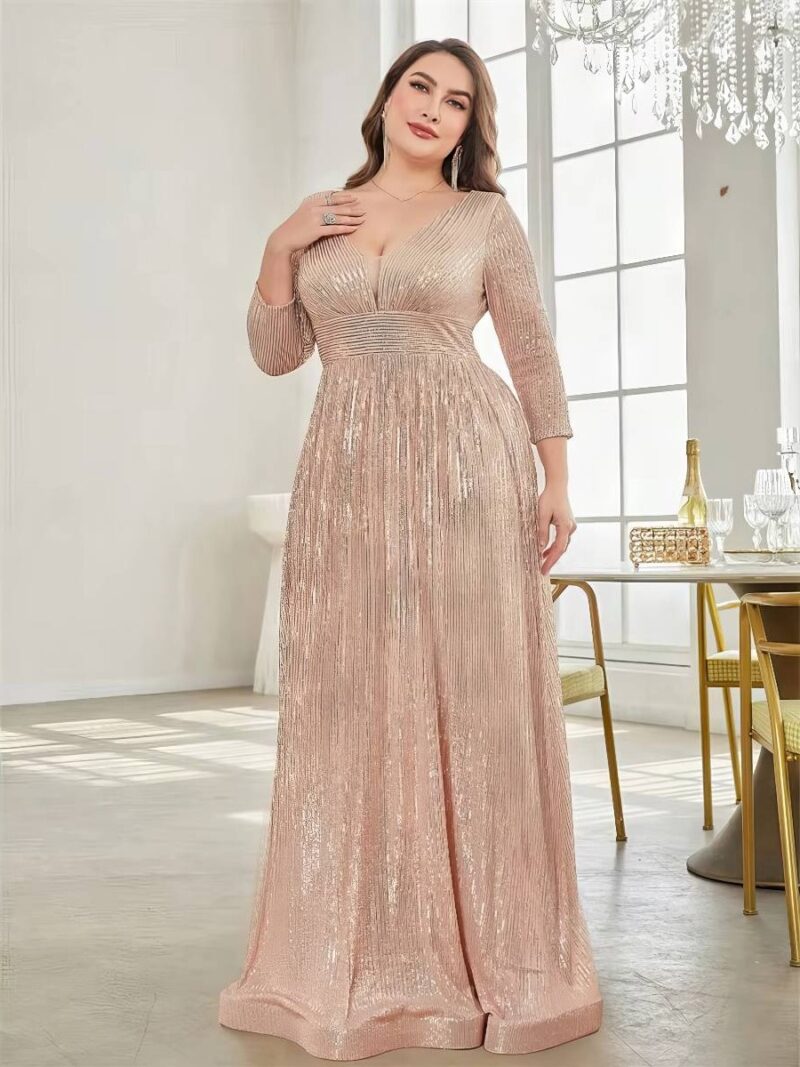 Robe Dorée Longue Pailletée Grande Taille Col V Manches 3/4 Soirée & Mariage