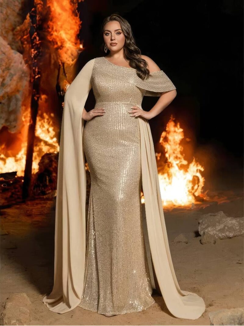 Robe Dorée Longue Pailletée Grande Taille Une Épaule Cape Traîne Soirée