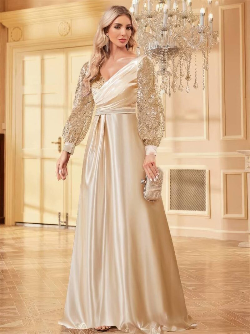 Robe Dorée Longue Satin Champagne Croisée Col V Manches Longues Pailletées Soirée