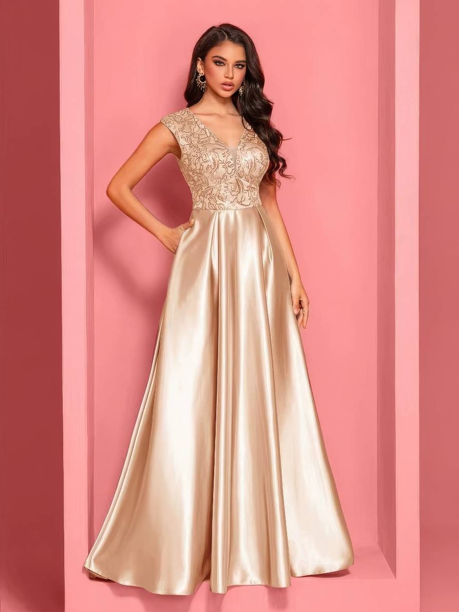 Robe satin doré brodée chic cérémonie