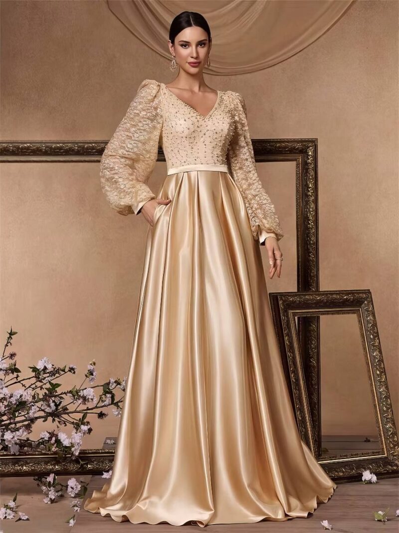 Robe Dorée Longue Satin Champagne Haut Perlé Manches Bouffantes Col V Soirée & Mariage