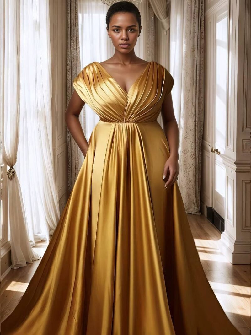 Robe Dorée Longue Satin Drapé Grande Taille Col V Manches Cap Cérémonie
