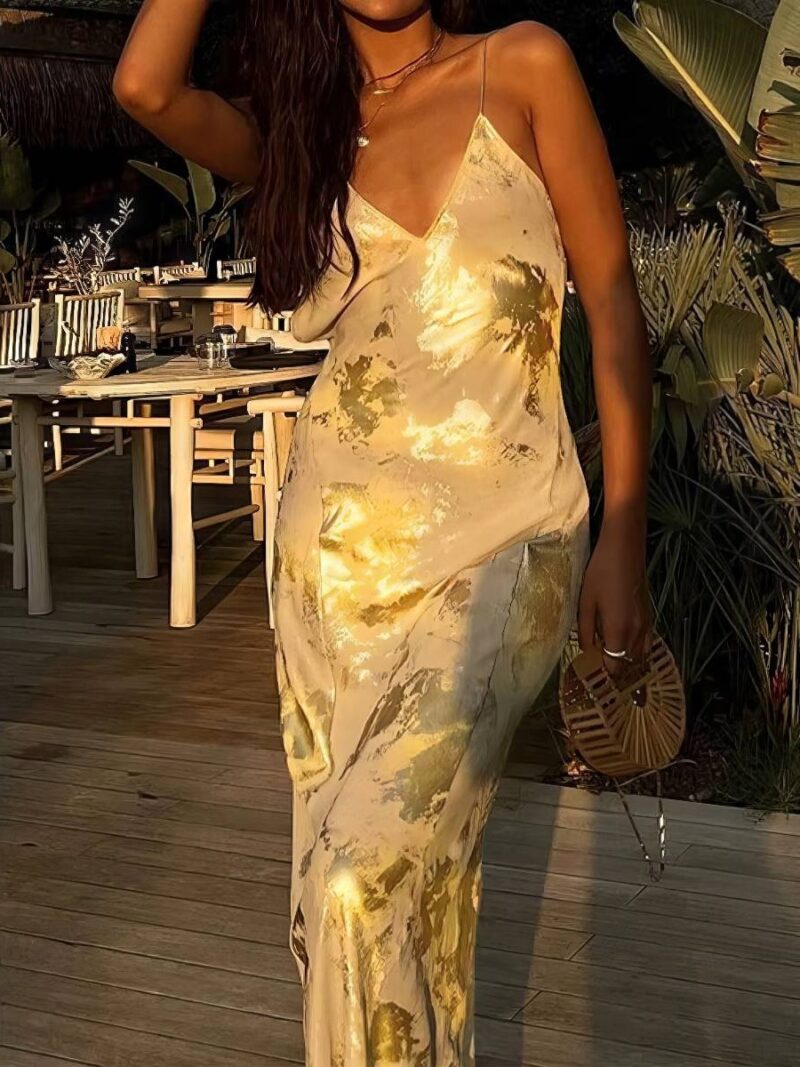 Robe Dorée Longue Satin Effet Marbré Bretelles Fines Dos Nu Été & Soirée