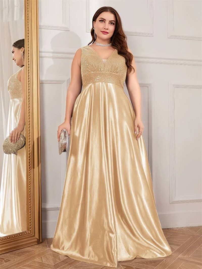 Robe Dorée Longue Satin Grande Taille Col V Haut Plissé Soirée & Mariage