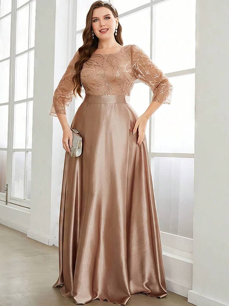 Robe Dorée Longue Satin Grande Taille Haut Dentelle Manches 3/4 Cérémonie & Mariage