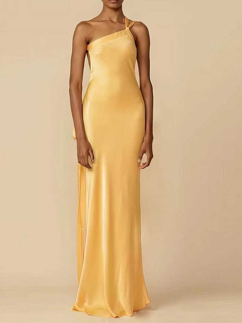 Robe Dorée Longue Satin Sirène Bretelle Asymétrique Dos Nu Soirée Gala
