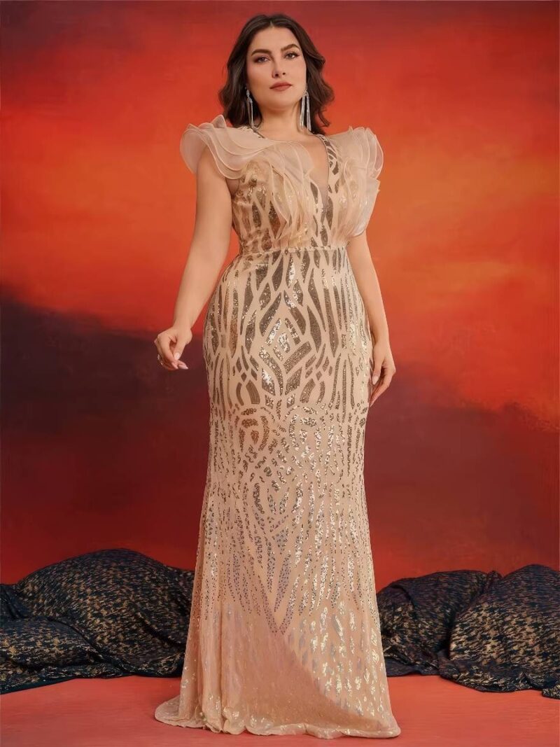 Robe Dorée Longue Sirène Grande Taille Sequins Motif Organza Volanté Col V Soirée Gala