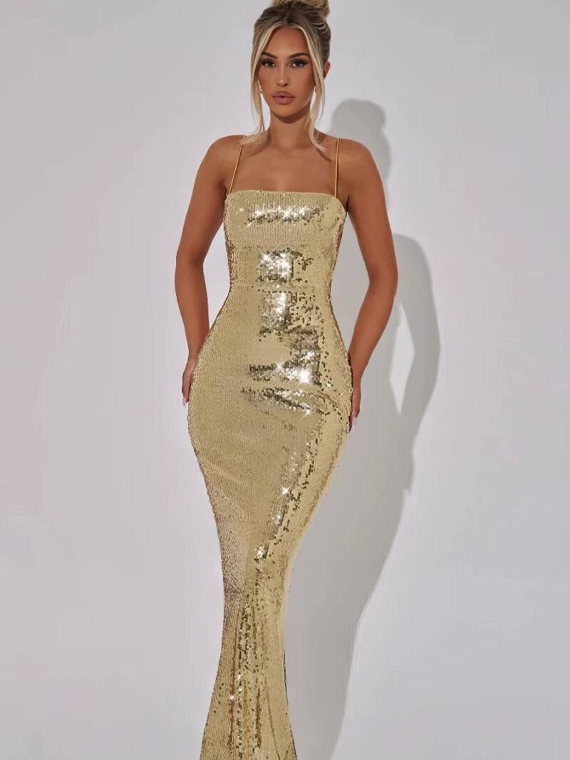 Robe Dorée Longue Sirène Pailletée Bretelles Fines Bustier Droit Soirée Gala