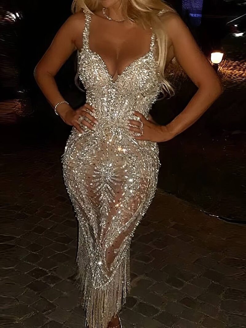 Robe Dorée Longue Sirène Transparente Strass Franges Bretelles Fines Soirée Gala