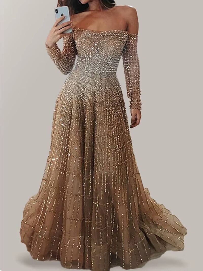 Robe dorée longue champagne pailletée à épaules dénudées