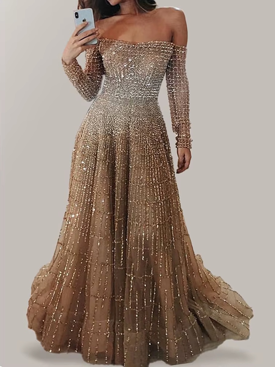 Robe dorée longue champagne pailletée à épaules dénudées