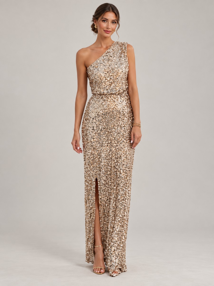 Robe longue champagne pailletée une épaule sur fond studio
