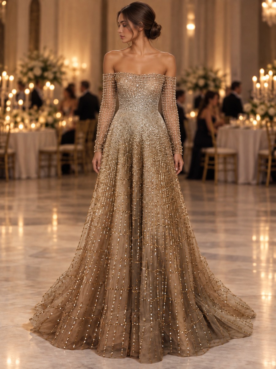 Robe dorée longue Lorenza portée en soirée de gala