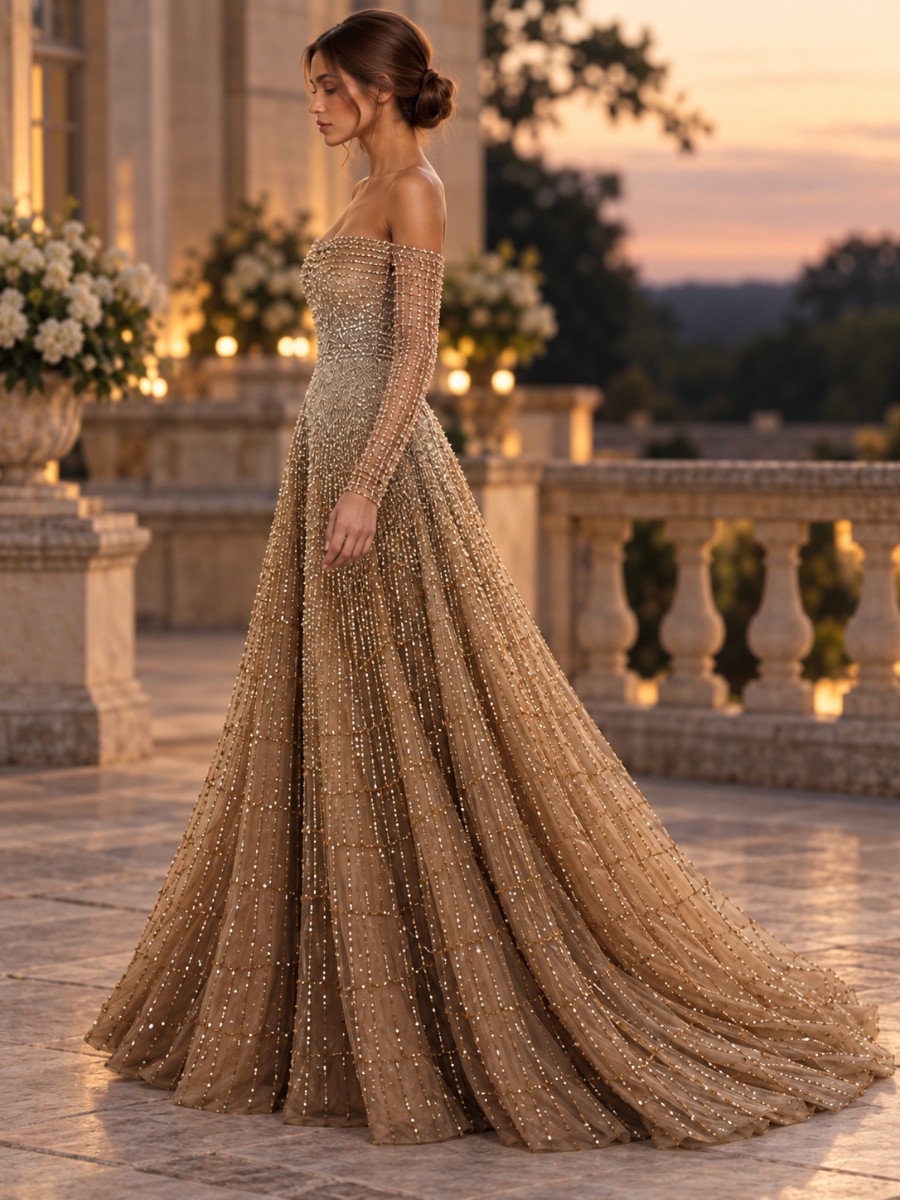 Robe dorée longue évasée de profil sur une terrasse au crépuscule