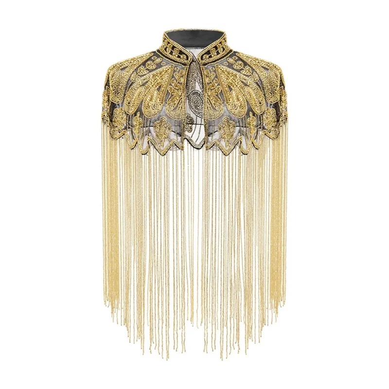 Boléro cape doré à franges de perles pour soirée