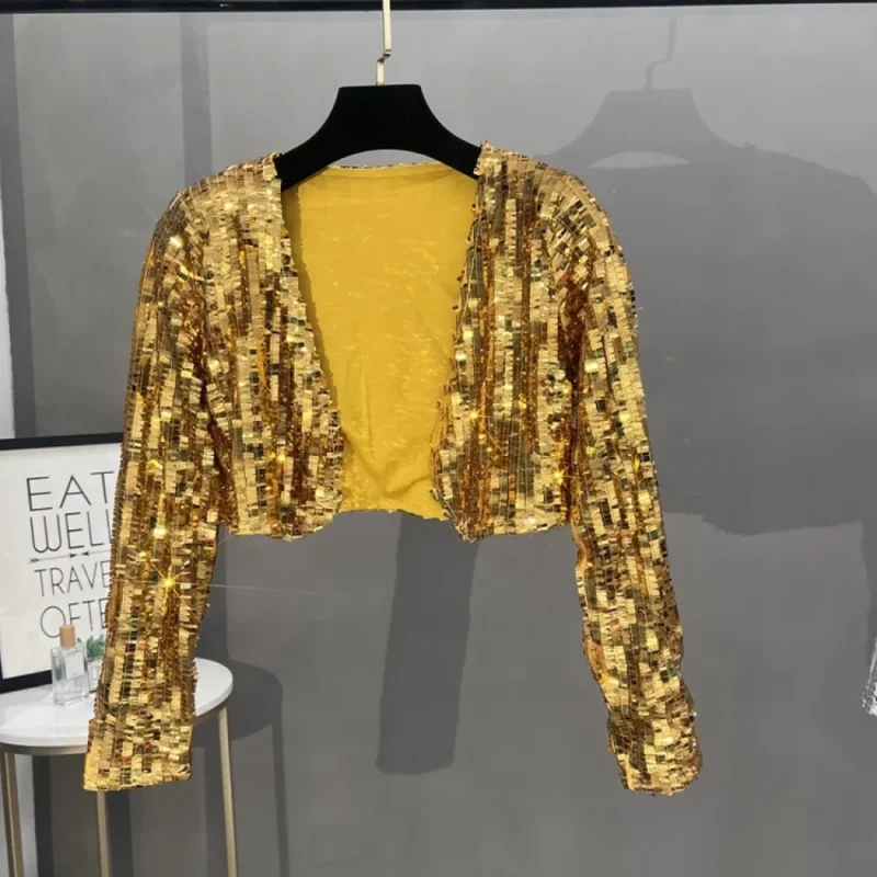 Boléro veste courte dorée à sequins manches longues