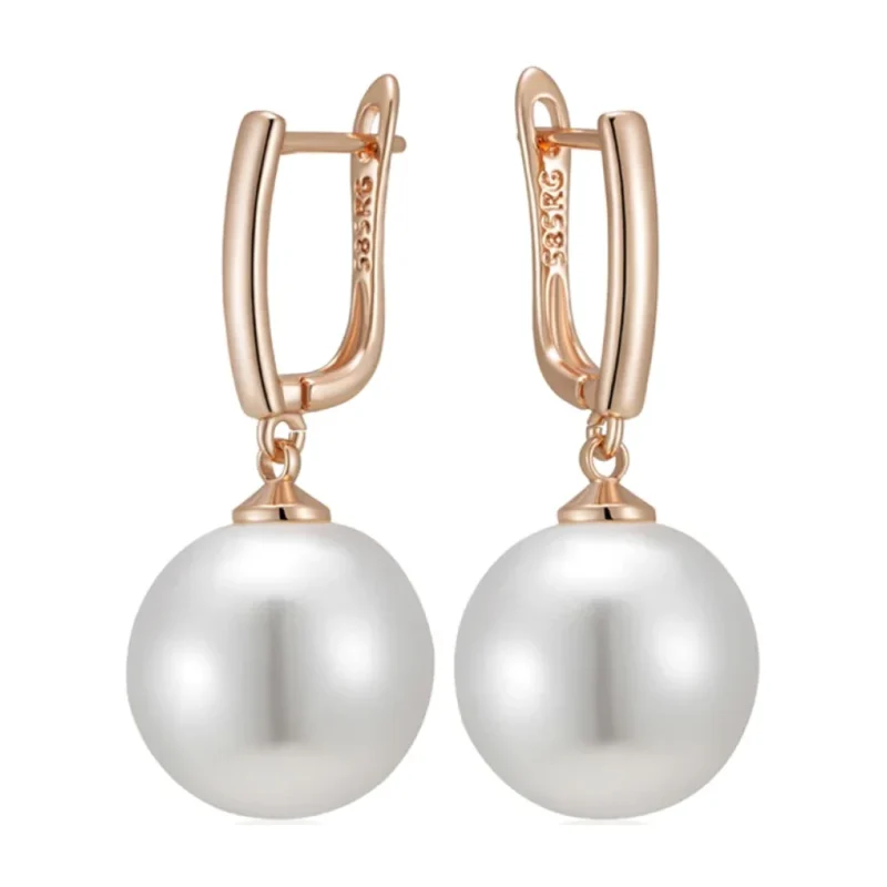 Boucles d'oreilles dormeuses or rose avec grosse perle de 16 mm