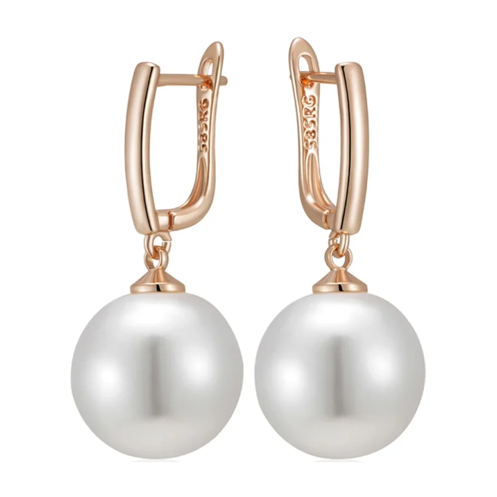 Boucles d'oreilles dormeuses or rose avec grosse perle de 16 mm