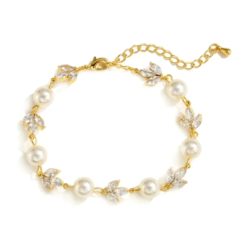 Bracelet doré perles et feuilles en zircons pour mariage