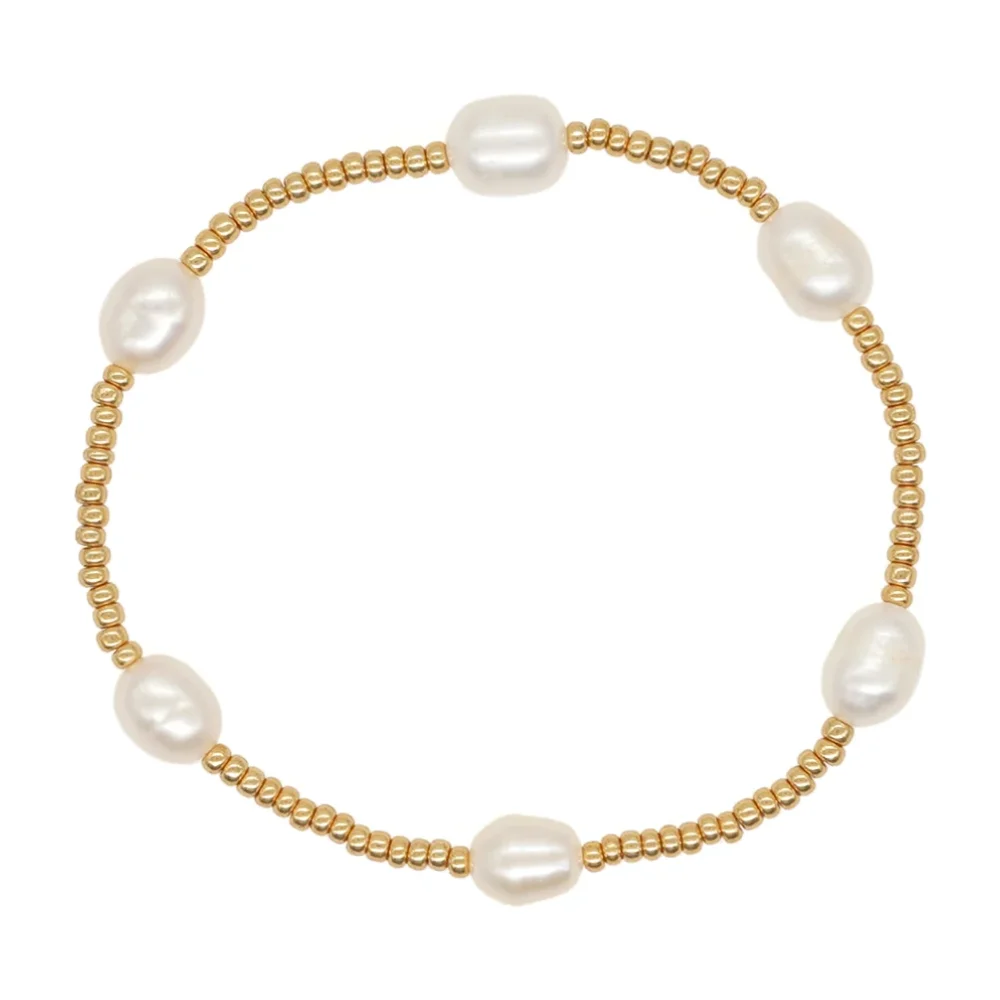 Bracelet élastique en perles dorées et perles d'eau douce