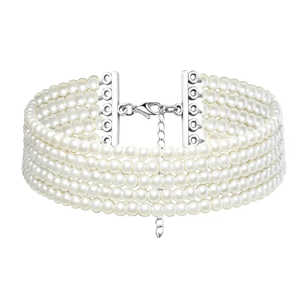 Collier ras du cou 5 rangs de perles blanches vintage