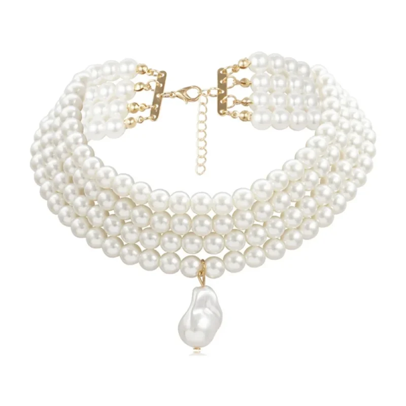Collier ras du cou en perles multirangs avec pendentif perle baroque