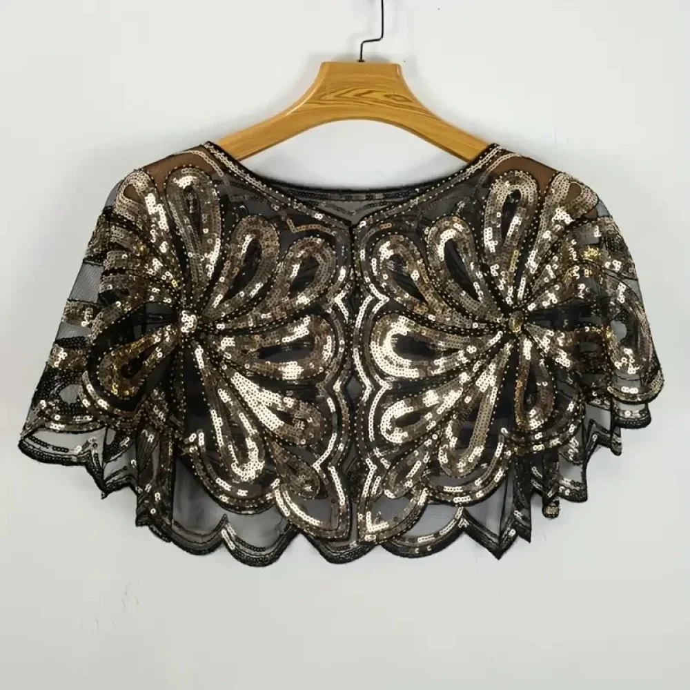 Étole cape dorée à paillettes motif floral années 20