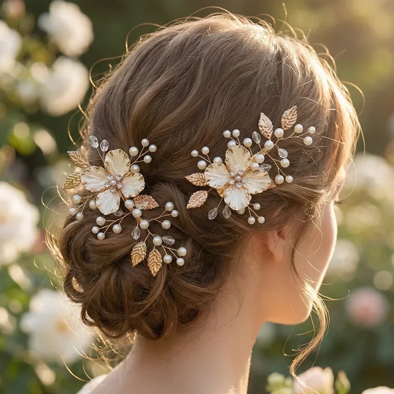 Barrettes dorées fleurs de perles portées dans un chignon de mariée