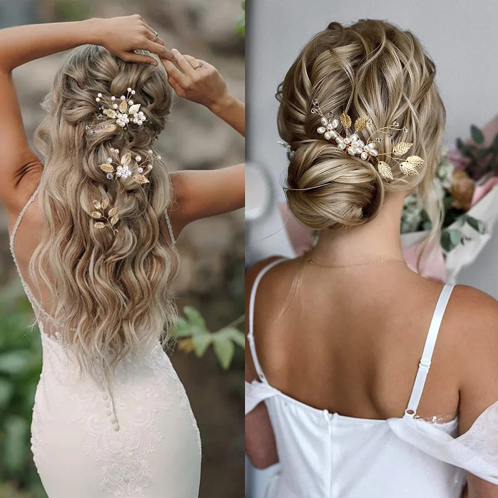 Épingles et peignes dorés à fleurs dans une coiffure de mariée