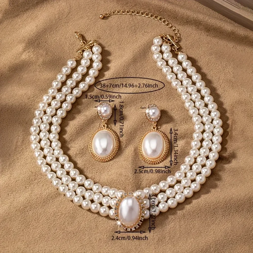 Parure collier de perles multirangs et boucles d'oreilles assorties
