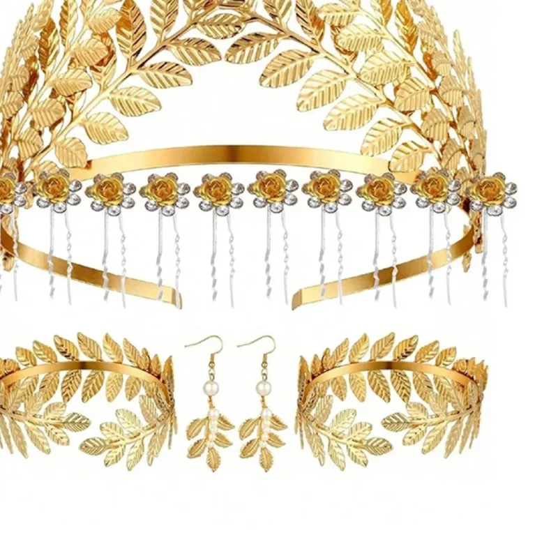 Parure déesse grecque dorée : couronne, bracelets et boucles d'oreilles