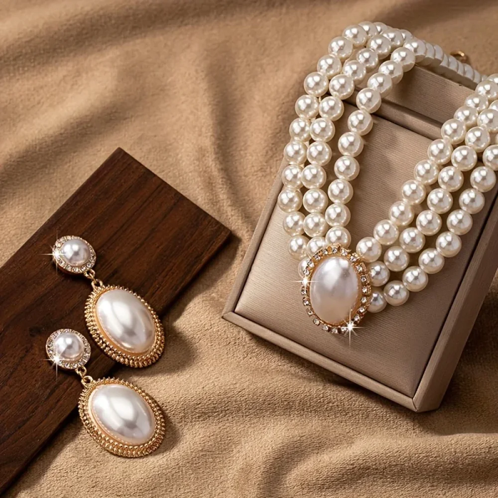 Boucles d'oreilles perles et collier multirangs posés sur tissu