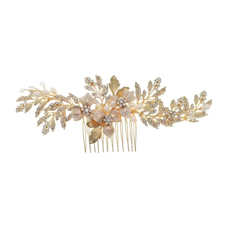 Peigne à cheveux doré feuilles et fleurs en strass de 15 cm